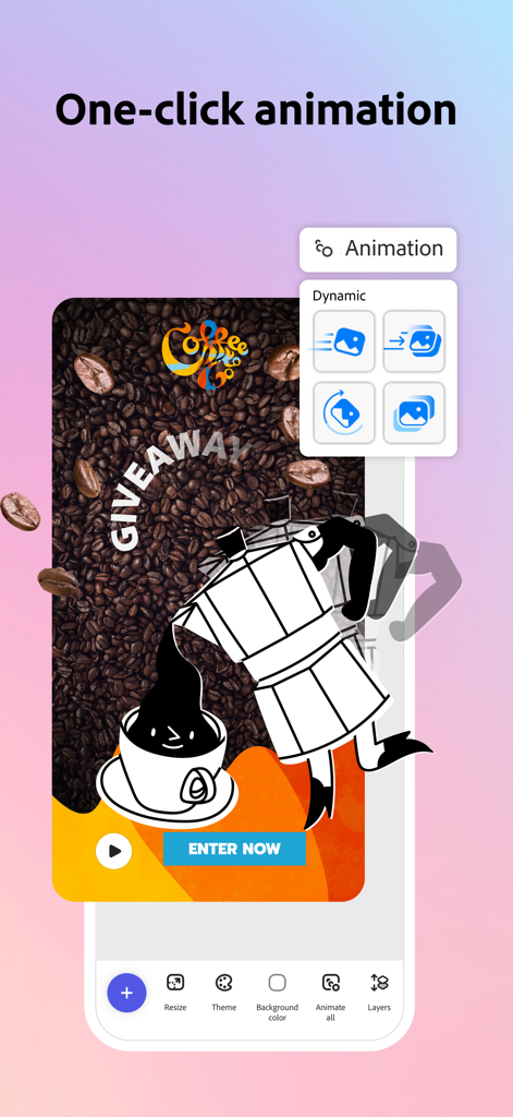 Interface de l'application mobile Adobe Express montrant l'outil d'animation en un clic pour les graphiques de réseaux sociaux