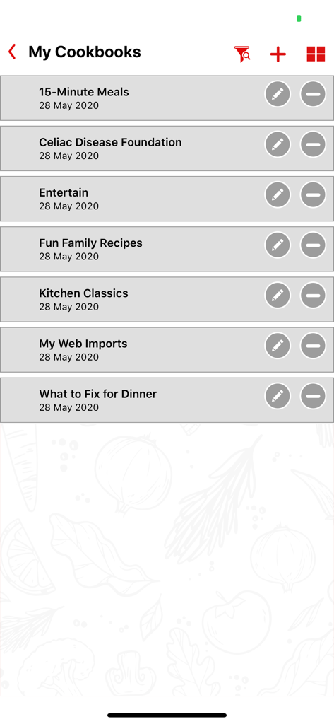 Captura de tela do aplicativo MasterCook mostrando a seção Meus Livros de Receitas com uma lista de coleções de receitas personalizadas.