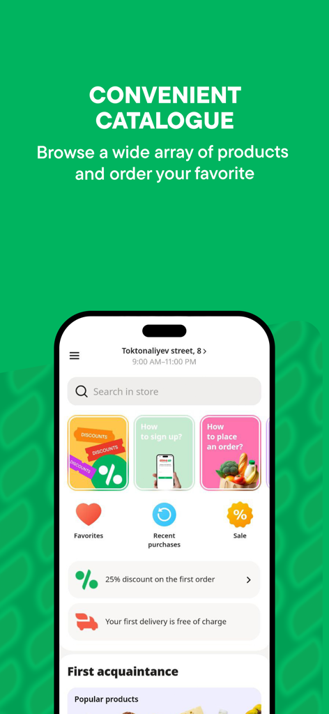Alma Go – доставка продуктов - Alma Go mobile app screen showing the convenient product catalogue search bar and first order discount