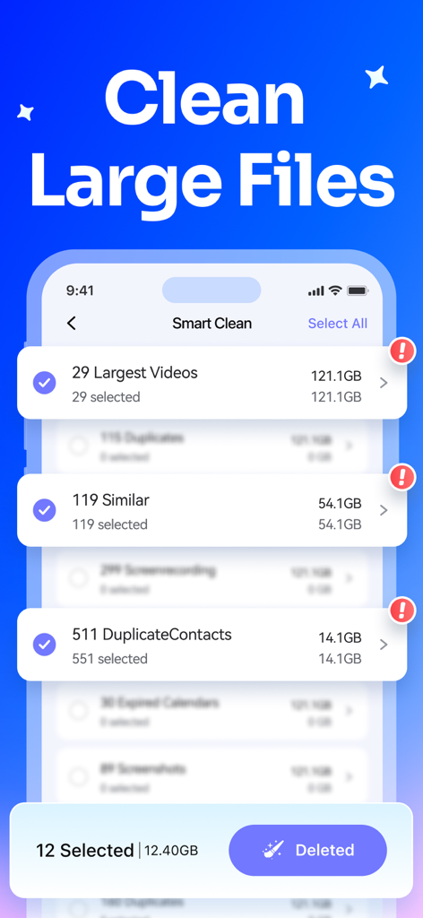 MobileClean - Photo Cleaner - Interfaz de la aplicación MobileClean que muestra opciones para eliminar vídeos grandes, fotos similares y contactos duplicados para liberar almacenamiento del teléfono