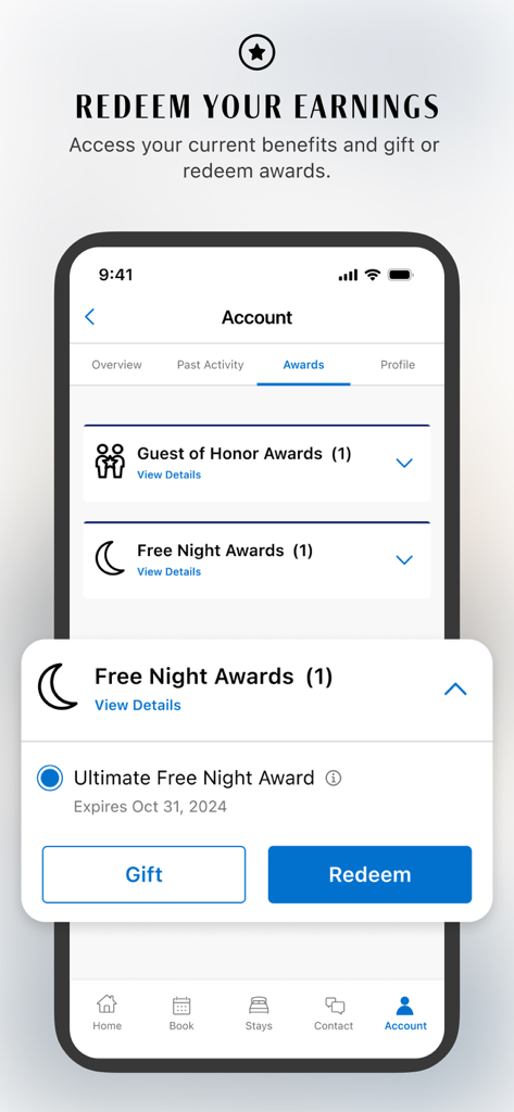 Interface do aplicativo World of Hyatt mostrando prêmios de noite grátis com opções para presentear ou resgatar