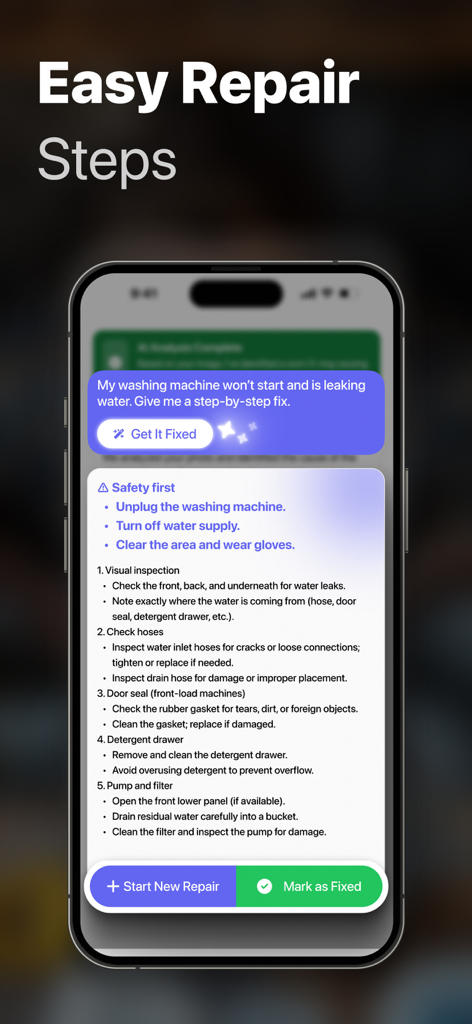 Mobile app interface showing AI generated step by step instructions to fix a leaking washing machine