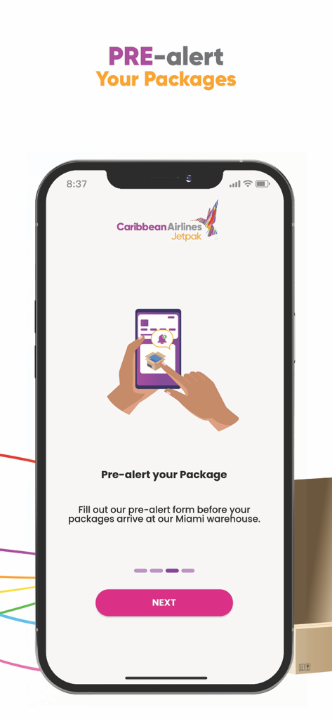 Caribbean Jetpak - Caribbean Jetpak mobile app screen showing the pre-alert package feature for international shipping