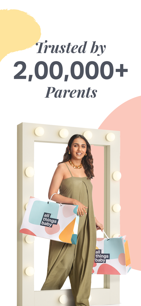 A stylish woman holding branded shopping bags with text stating the app is trusted by over two million parents