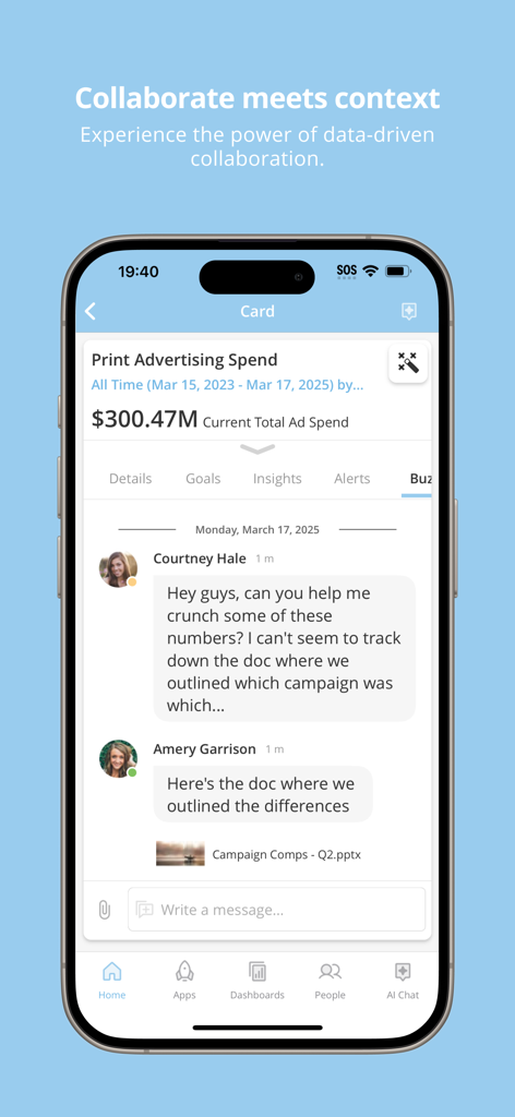 Domo mobile app interface showing business data metrics with an integrated team chat for collaboration.