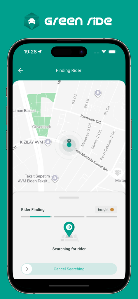 Green Ride – Taxi & Delivery - Interface de l'application Green Ride montrant une carte pendant la recherche d'un conducteur avec un bouton annuler en bas