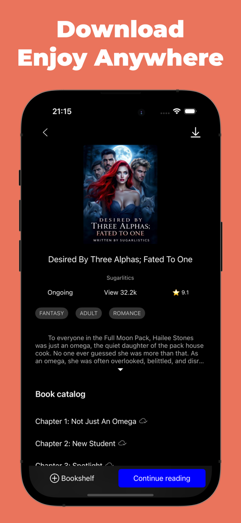 A smartphone interface of the NovelFull app showing a fantasy romance novel detail page with a download option for offline reading.