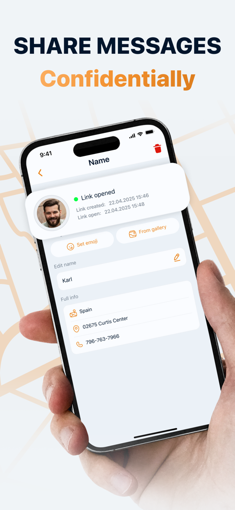 Phone Location: GPS Tracker - Un teléfono inteligente que muestra la función de intercambio de mensajes confidenciales de la aplicación de rastreo GPS, mostrando la ubicación y los detalles de contacto de Karl.