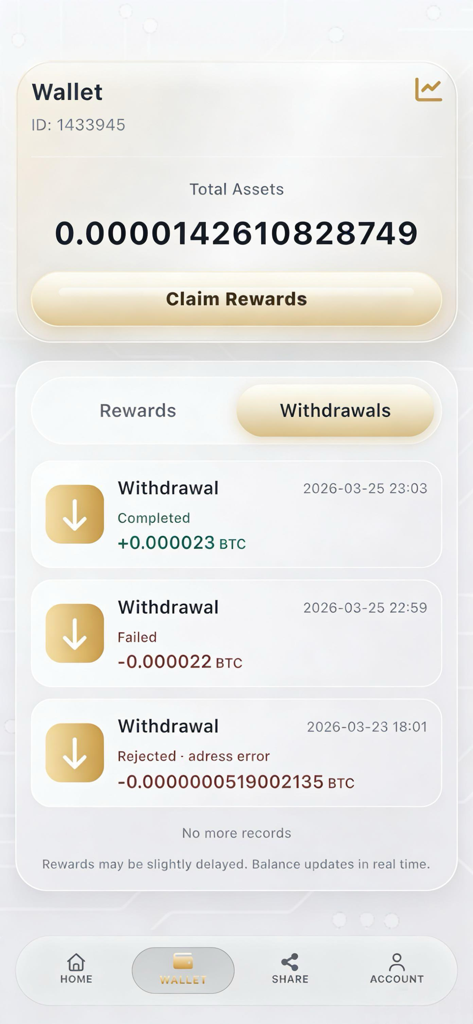 BitVexor: Crypto Rewards - Interfaz de billetera de la aplicación BitVexor que muestra los activos totales de Bitcoin y una lista de registros de actividad de retiro