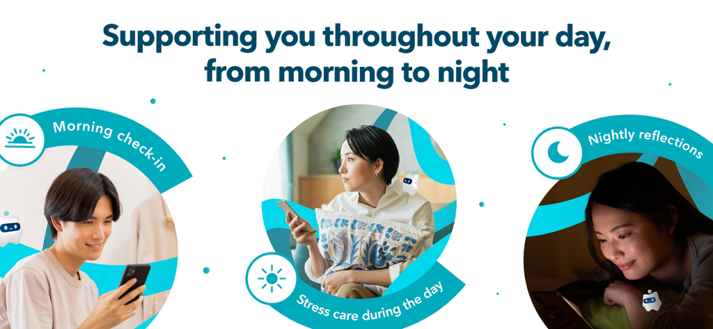 Awarefy:AIchatでメンタルヘルス＆ストレスケア - A collage of people using Awarefy for morning check-ins, daytime stress care, and nightly reflections.