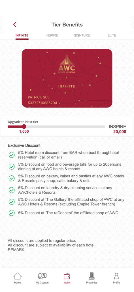 Pikul - Pikul app Tier Benefits screen showing Infinite membership card and exclusive discounts