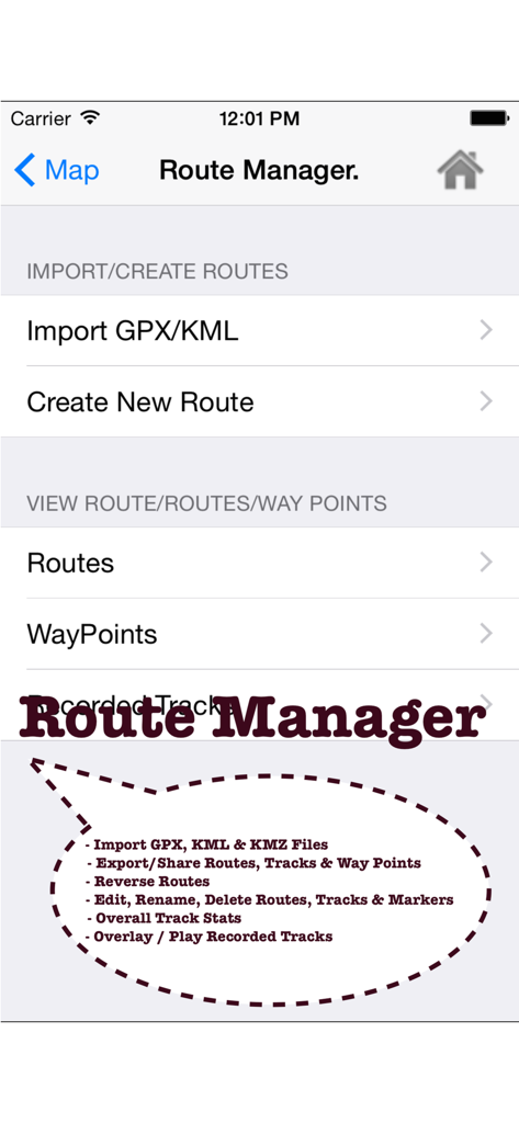 i-Boating 지중해 해상 앱의 경로 관리자 화면으로, GPX KML 파일 가져오기 및 새 해상 경로 생성 옵션을 보여줍니다.