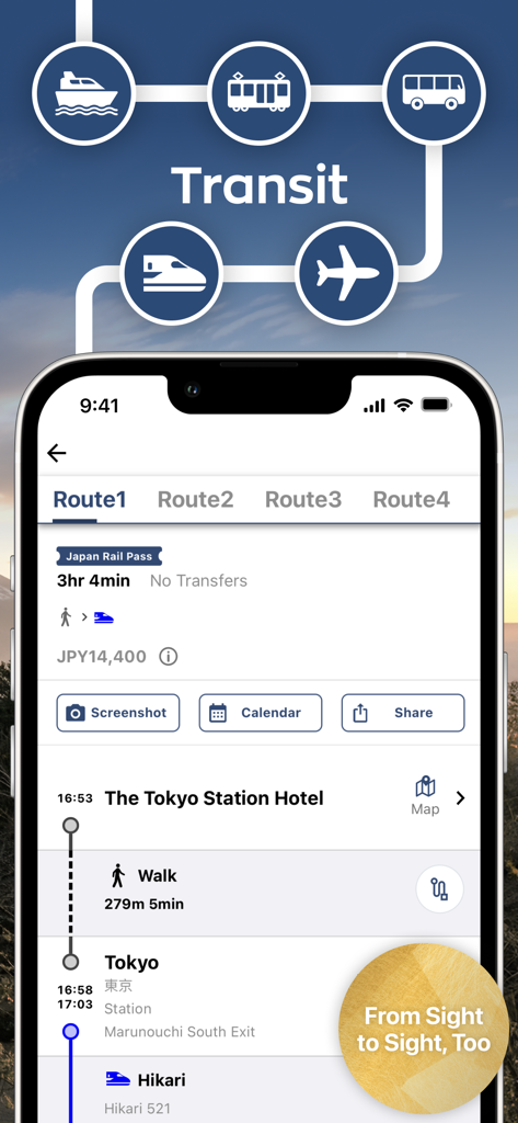Japan Travel - Smart Transit - Japan Travel app transit route search interface showing a Shinkansen itinerary with JR Pass filter and icons for various transportation modes.