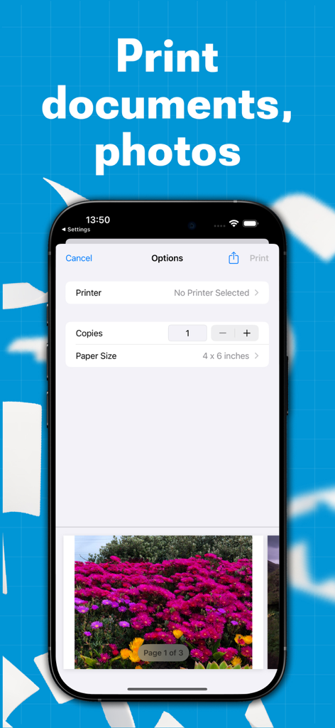 Smartphone screen showing photo print options and preview in the Printer Pro app.