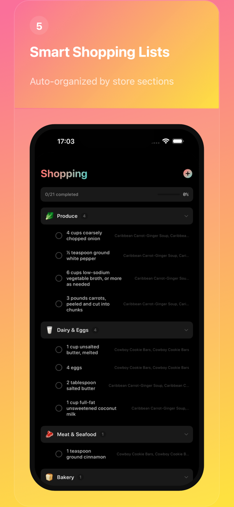 Una interfaz de aplicación móvil que muestra una lista de compras inteligente organizada por secciones de tiendas de comestibles.