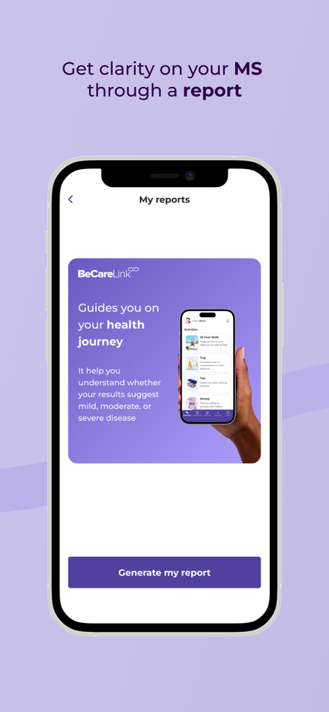BeCare MS: Multiple Sclerosis - BeCare MS app interface showing the My reports section with an option to generate a health journey assessment.