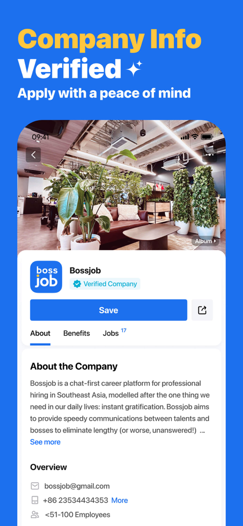 Screenshot of the Bossjob app displaying a verified company profile with office images and detailed company information