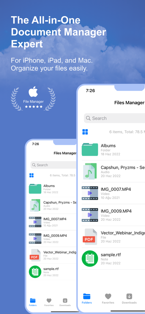 File Manager app interface on iPhone displaying various file types and document organization features