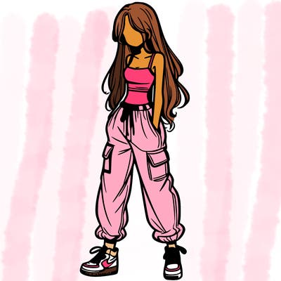 girl in baggy pants crop top and long hair