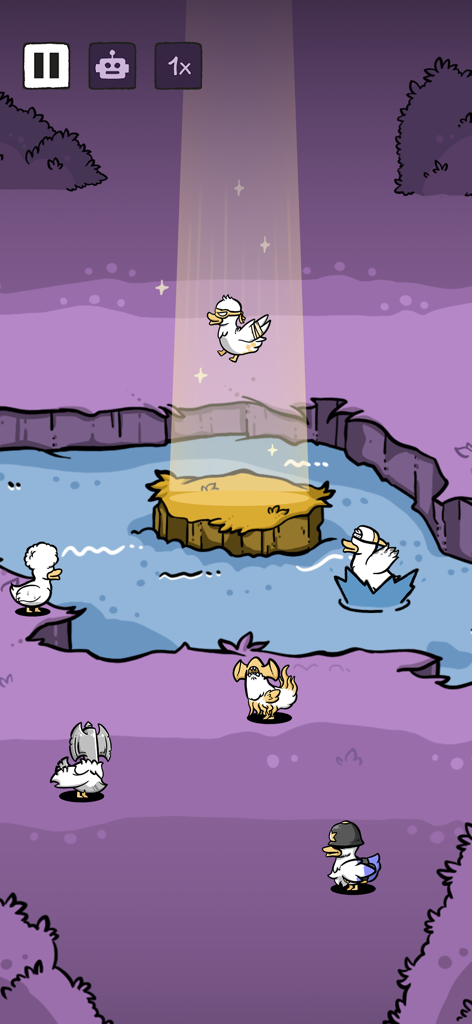 A variety of mutated ducks in the Clusterduck game environment with one duck in a beam of light.