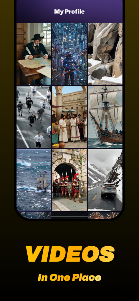 Pantalla de perfil de la app Vidmo mostrando una cuadrícula de videos generados por IA en varios estilos artísticos