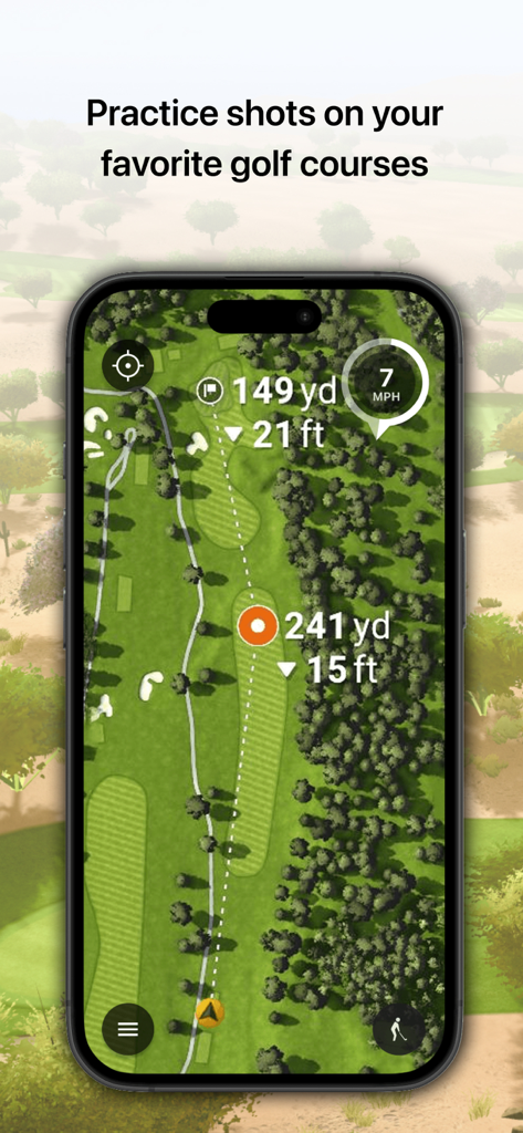 Home Tee Hero - Overhead view of a mobile golf simulator showing course distances and wind speed