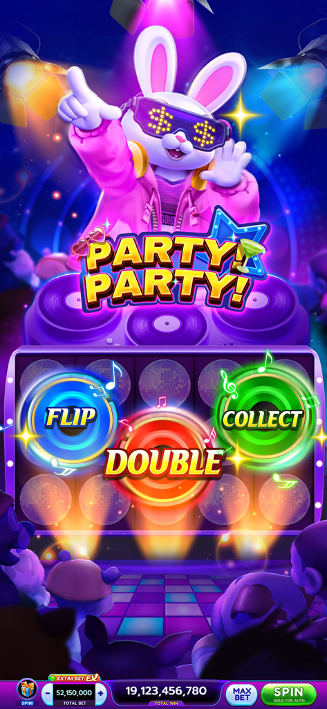 In-game screenshot of Slotverse showing a DJ bunny character and the Party Party slot machine theme with flip and collect bonuses