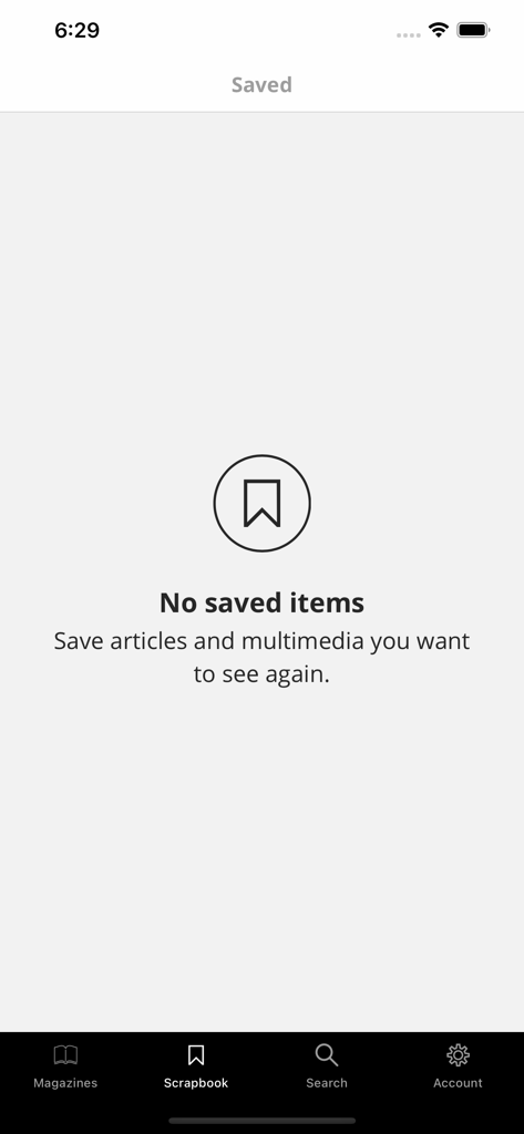 Écran vide de l'album photo dans l'application The World of Interiors, avec une invitation à enregistrer des articles et des fichiers multimédias.