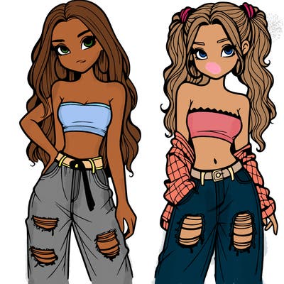 2 girls in crop tops and baggy jeans ripped