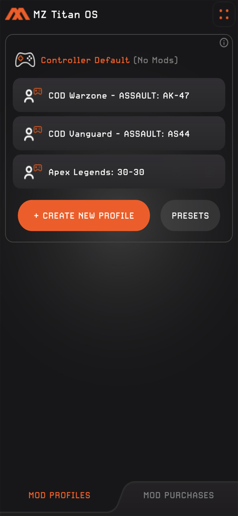 MZ Titan OS - MZ Titan OS app interface showing a list of custom controller mod profiles for COD Warzone and Apex Legends