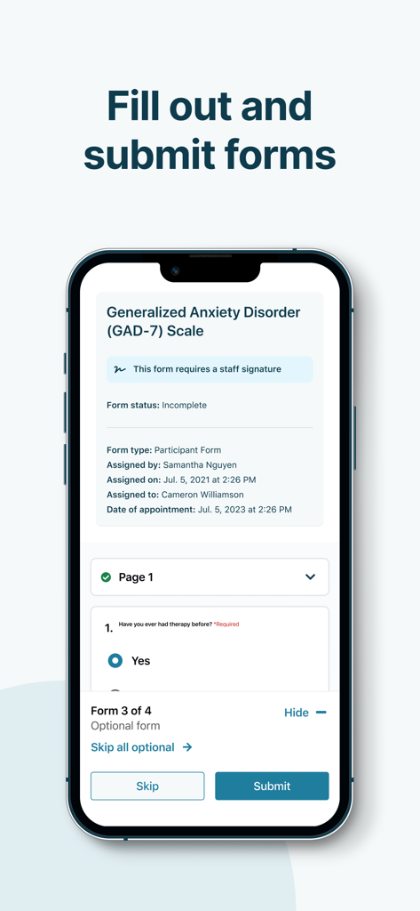 CHR Portal - Mobile screen of the CHR Portal app showing a Generalized Anxiety Disorder assessment form for patients to complete online