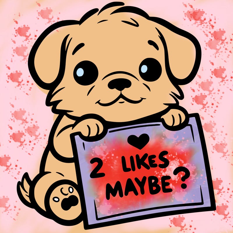 a puppy holding a sign that says 2 likes maybe?