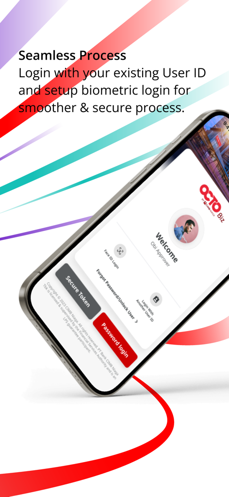 Pantalla de inicio de sesión de la aplicación móvil OCTO Biz mostrando el inicio de sesión biométrico Face ID y opciones de token seguras para cuentas empresariales.