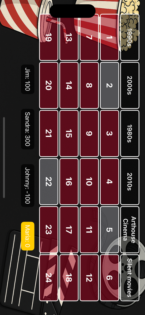Movie Quiz Trio - Un tablero de juego de trivia de películas con categorías como Cine de Arte y Puntuaciones de jugadores en Movie Quiz Trio.
