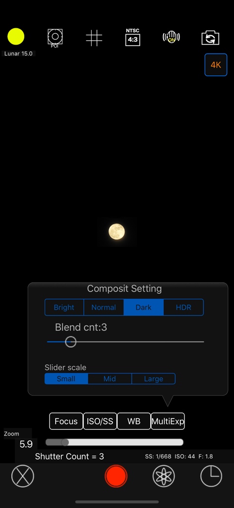 MoonCatcher - MoonCatcher camera interface showing the manual composite settings menu and a captured moon image