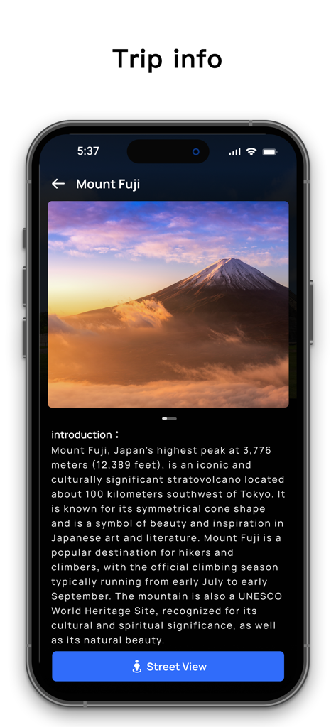 Live Earth Camera: Street View - Tela de aplicativo móvel mostrando informações de viagem para o Monte Fuji com um botão de visualização de rua.