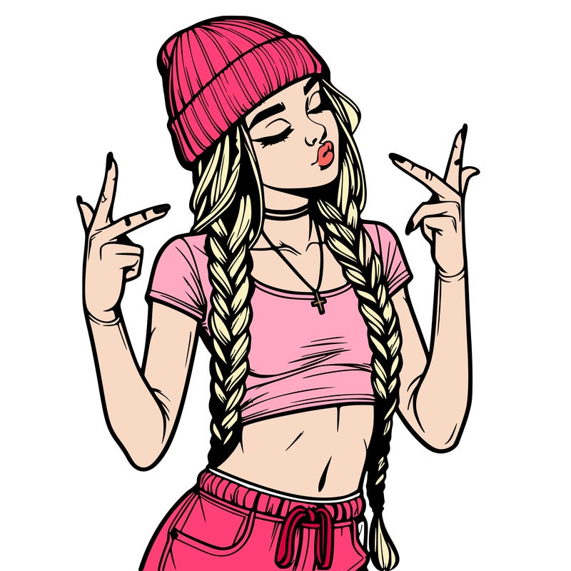 realistic teenage girl with braids and a beanie and crop top doing 🫶🏼
