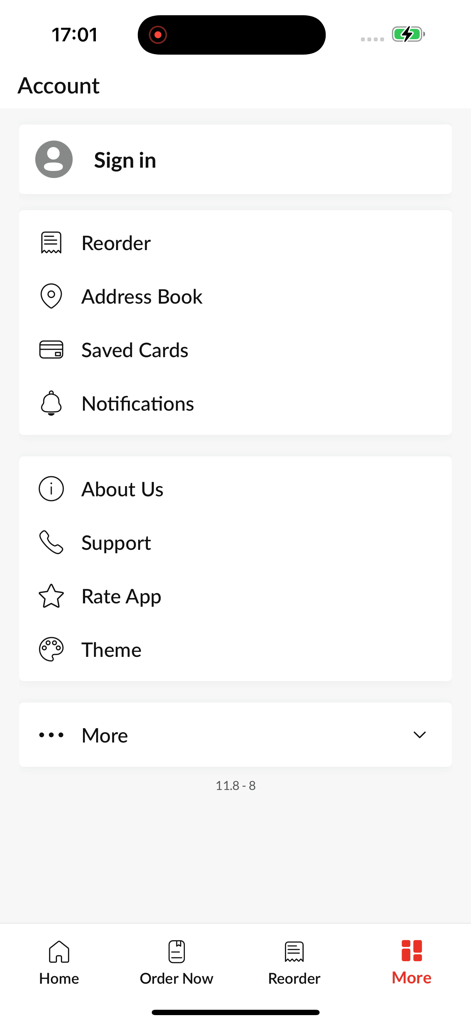 The Flame - Account and settings menu of The Flame app featuring sign in, reorder, address book, and support options.
