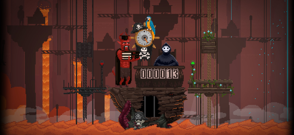 Pixel art gameplay of Peace Death featuring a reaper and a pirate skeleton in a hellish setting.