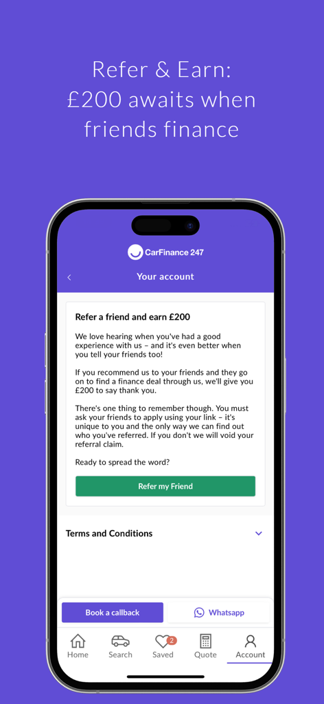 CarFinance 247 - Ecrã do programa de referência da aplicação CarFinance 247 mostrando uma oferta de refira um amigo e ganhe 200 de recompensa.