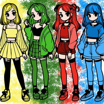 one girl with crop-top shirt and a jacket with a skirt, long socks and another girl with a shirt and pants with a jacket