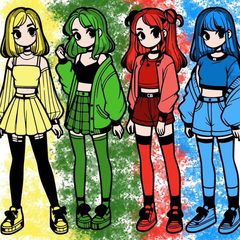 one girl with crop-top shirt and a jacket with a skirt, long socks and another girl with a shirt and pants with a jacket