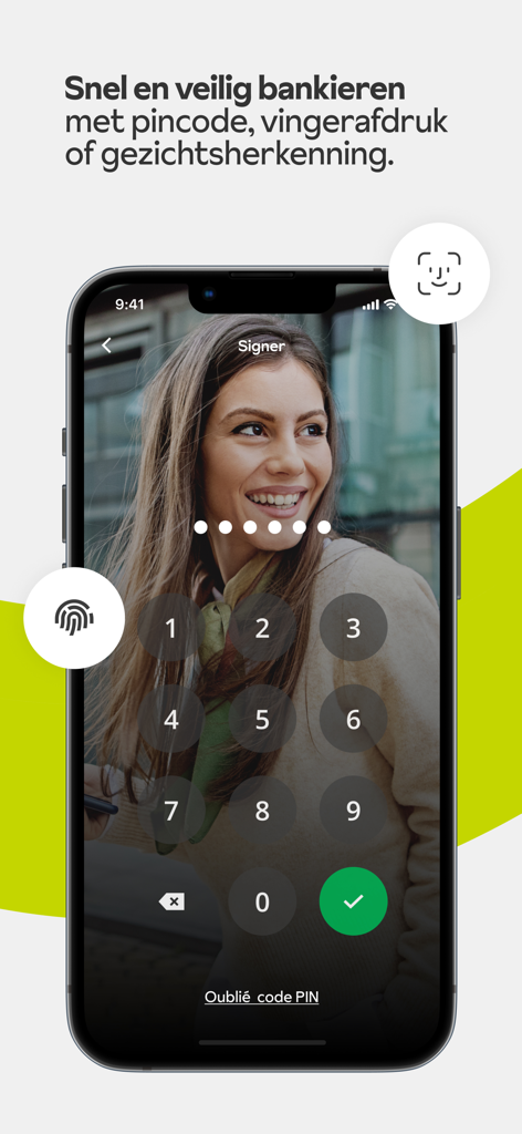 Anmeldebildschirm der Crelan Mobile App mit Ziffernblock und Symbolen für biometrische Sicherheit