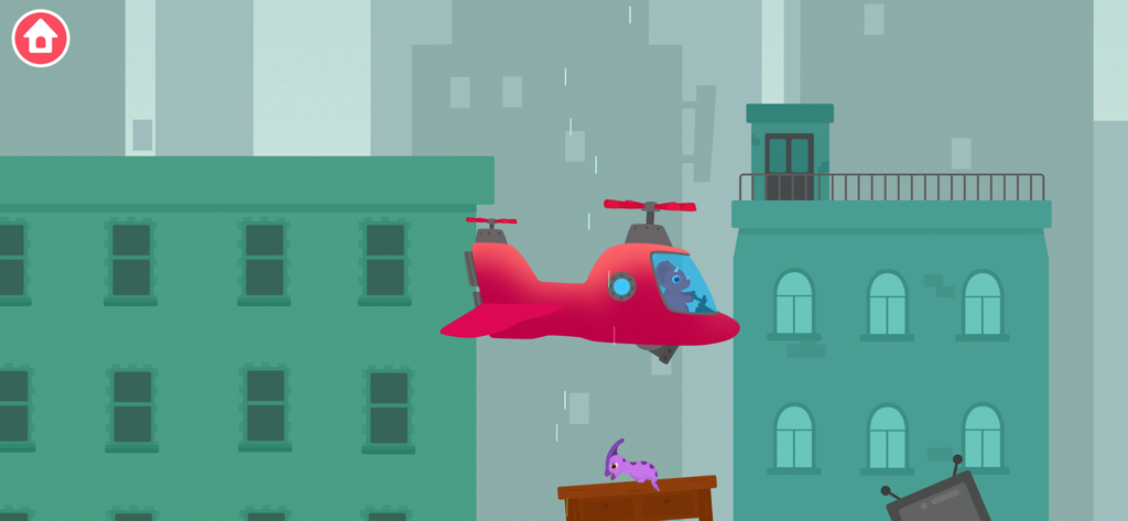 A dinosaur piloting a red helicopter through a rainy city on a rescue mission.
