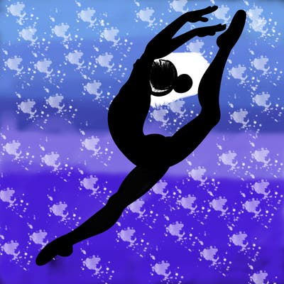 gymnast doing a leap in a leotard with a bent back leg