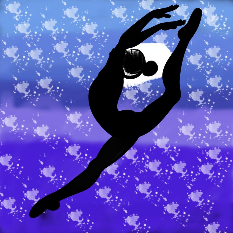 gymnast doing a leap in a leotard with a bent back leg
