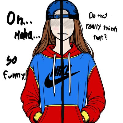realistic girl wearing a backwards hat, a hoodie, and nikes