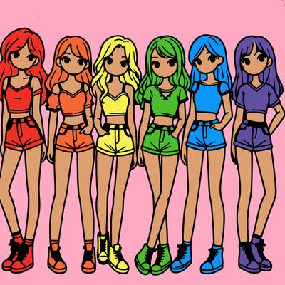 a group of girls wearing crop tops and shorts