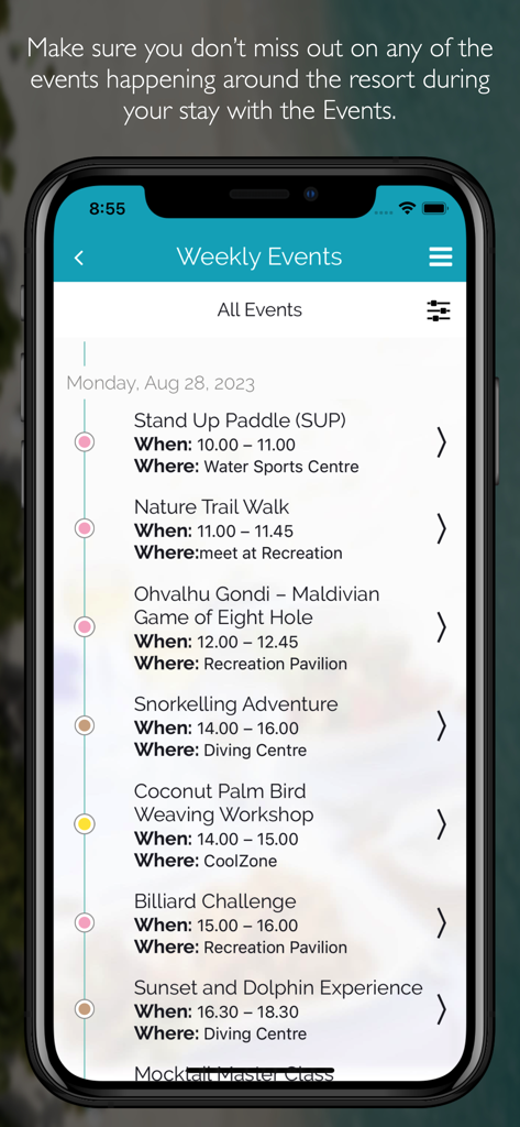 A mobile screen showing the weekly events schedule for JA Manafaru Maldives, featuring activities like paddle boarding, nature walks, and snorkeling.