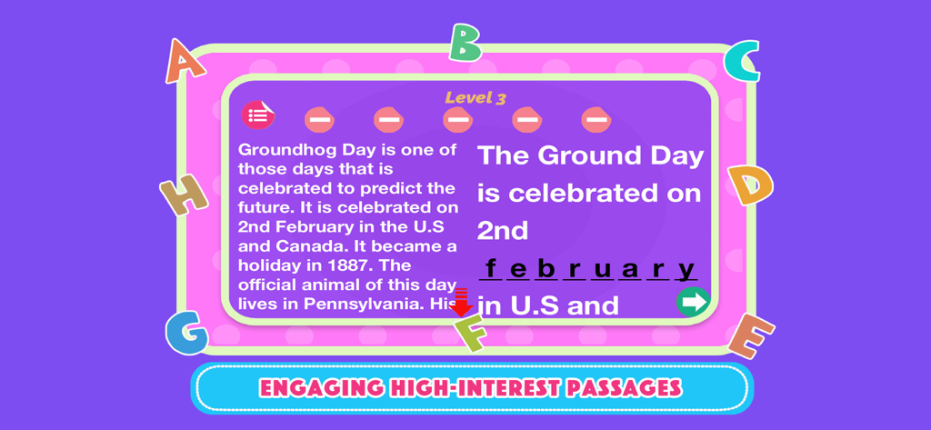 English Comprehension For Kids - Level 3 reading comprehension passage about Groundhog Day for kids in a colorful educational app interface